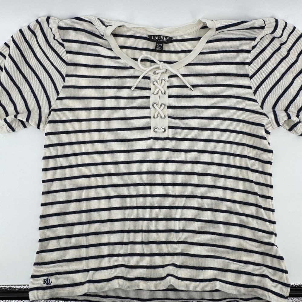 Ralph Lauren Lace Up Henley‎ Women XL Navy Blue Nautical Striped Ribbed Top